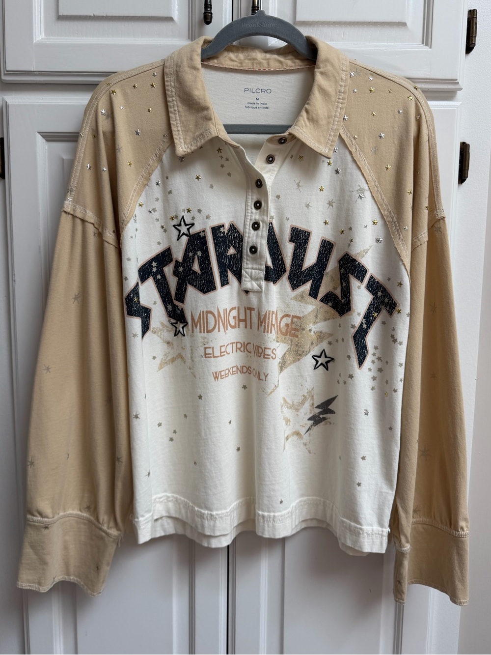 Anthropologie Pilcro Long Sleeve Stardust Graphic Henley Top Size Medium - Picture 2 of 16